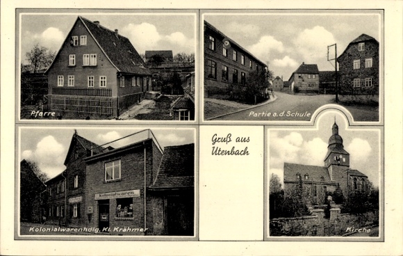 Postcard Utenbach Apolda in Thuringia, parish, school, grocery store Krähmer, church