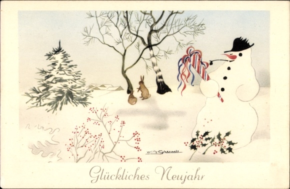 Artist Postcard Schermele, W., Happy New Year, snowman, holly, Christmas tree