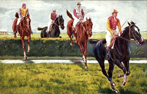 Kunstenaar Ak Donadini, AE, Jockeys op paarden