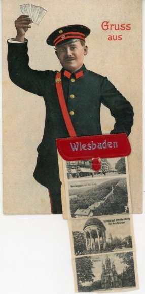 Leporello Postcard Wiesbaden in Hesse, general view, church, postman