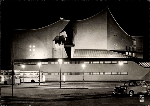 Ak Berlin Tiergarten, Philharmonie, Nachtbeleuchtung, Auto, Busse
