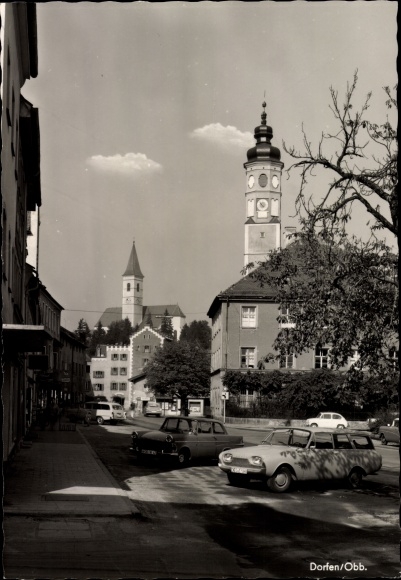 Postcard Dorfen in Upper Bavaria, partial view, church, cars