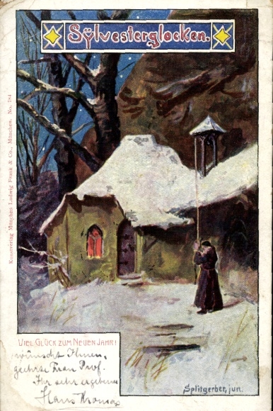 Künstler Litho Splitzgerber, Glückwunsch Neujahr, Sylvesterglocken, Wohnhaus, Winterszene