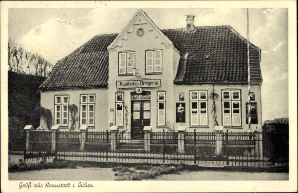 Postcard Hennstedt in Dithmarschen, pharmacy and drugstore