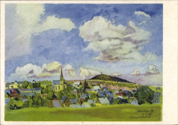 Kunstenaarskaart Heinmann, Ertsgebergte Altenberg, 500 jaar Zinnstadt, afstandsschot, kerk, plaats