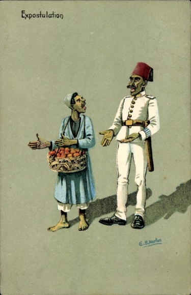 Künstler Ak Norlan, Ägypten, Expostulation, Früchteverkäufer, Soldat