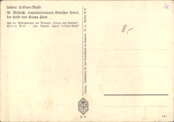 Artist Postcard Willrich, Wolfgang, Lieutenant Commander Günther Prien, Knight's Cross recipient, VDA 1940