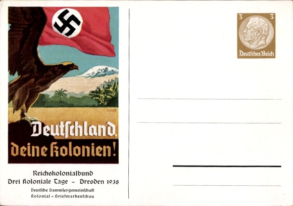 KP pocztowa Niemcy twoje kolonie, orzeł, trzy dni kolonialne Reichskollegialbund Drezno 1938