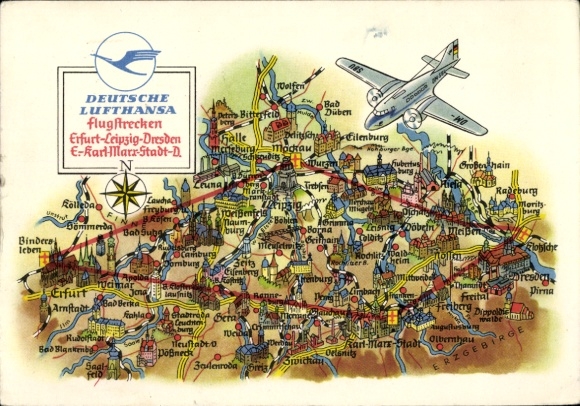 Postcard Deutsche Lufthansa, flight routes Erfurt Leipzig Dresden Karl Marx Stadt