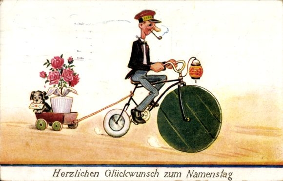 Artist Postcard Scheuermann, Name Day, Express Messenger on a Penny Farthing, Flowerpot