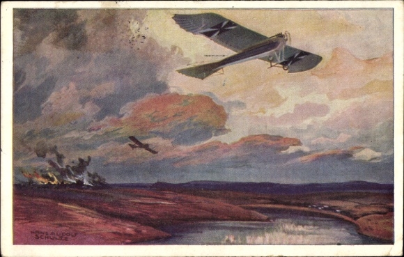 Artist Postcard Schulze, Hans Rudolf, Military pigeon on reconnaissance flight near the Masurian Lakes, World War I