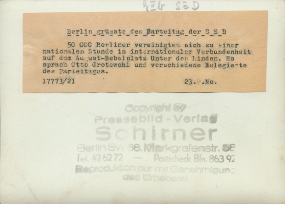 Photo Max Schirner Berlin, Unter den Linden, SED party congress on August Bebelplatz, Otto Grotewohl