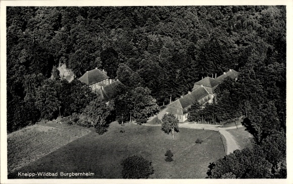 Postcard Wildbad Burgbernheim Middle Franconia Bavaria, aerial photograph of Kneipp-Wildbad, surrounded by trees, St