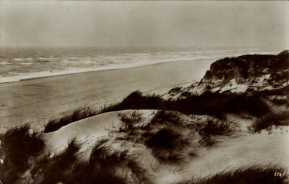 Postcard North Sea resort Spiekeroog in East Frisia, dunes on the beach
