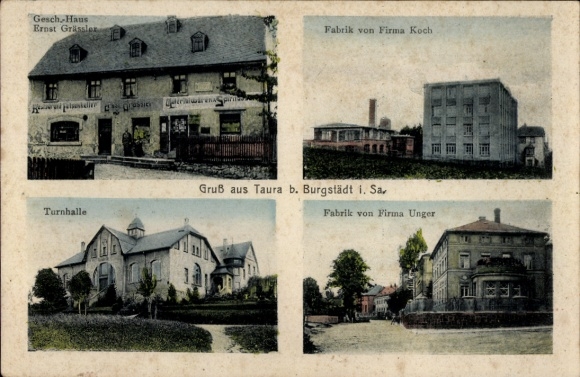 Ak Taura in Mittelsachsen, Fabrik von Firma Koch, Turnhalle, Fabrik von Firma Unger