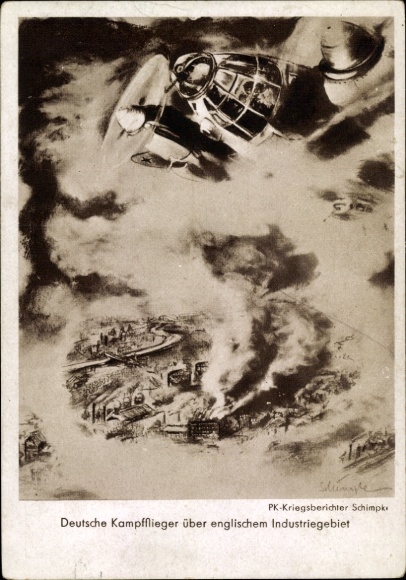 Artist Postcard Schimpke, German fighter pilots over English industrial area, II WW, Heinkel He 111