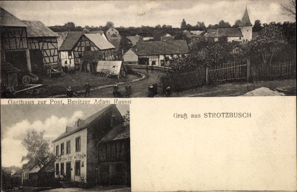Ak Strotzbüsch Daun in der Eifel, Kirche, Fachwerkhäuser, Gasthaus zur Post, Inh. Adam Rauen