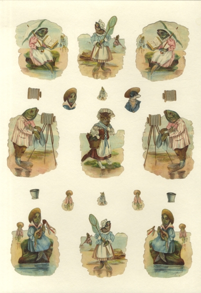 9 wafers of fish in human clothing during human activities, each approx. 10 x 7.5 cm, 4 x 3 cm