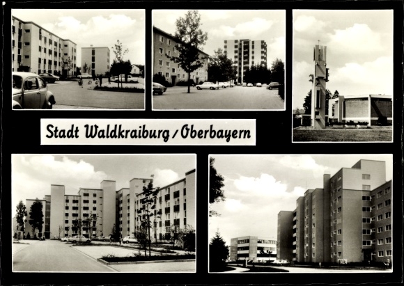 Postcard Waldkraiburg in the Bavarian foothills of the Alps, high-rise settlement, church