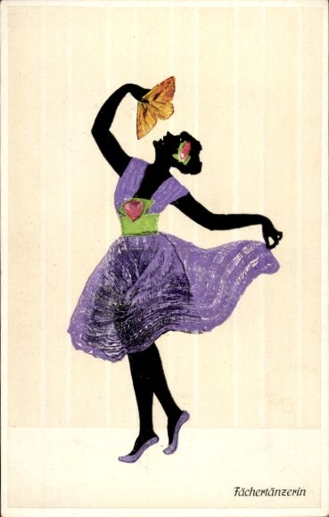 Paper cutting artist Postcard Graf, Marte, fabric paper cutting, fan dancer, Fasto silhouettes