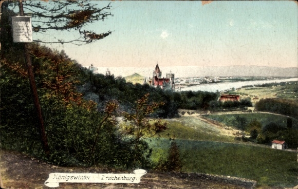 Ak Königswinter am Rhein, Blick auf Drachenburg,  Flusslandschaft, Bäume, 
