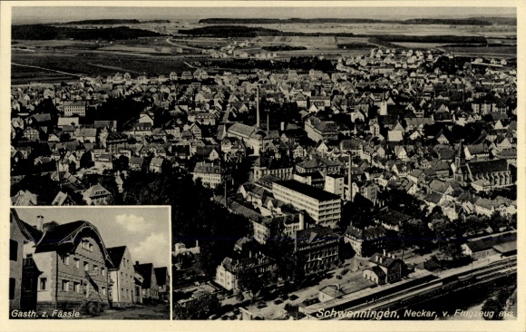 Ak Horb am Neckar, Vogelperspektive von Schwenningen, Gasthof z. Fässle, alte Stadtansicht