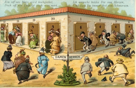 Mechanical Postcard People rushing to the toilets, signposts, toilet humor
