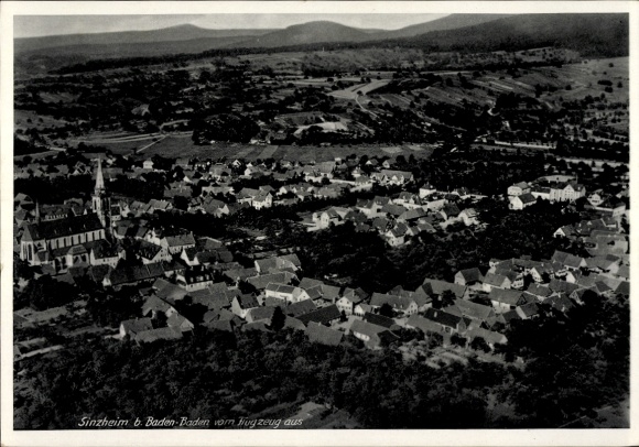 Postcard Sinzheim in Baden, aerial view of Sinzheim, church in the foreground, landscape