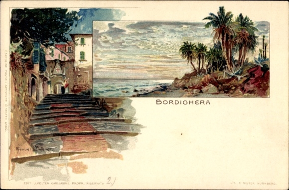 Artist Chromo-Litho Wielandt, Manuel, Bordighera Liguria, riverside, stairs in town