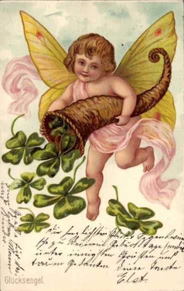 Litho Kind mit Schmetterlingsflügeln, Füllhorn, Glücksklee