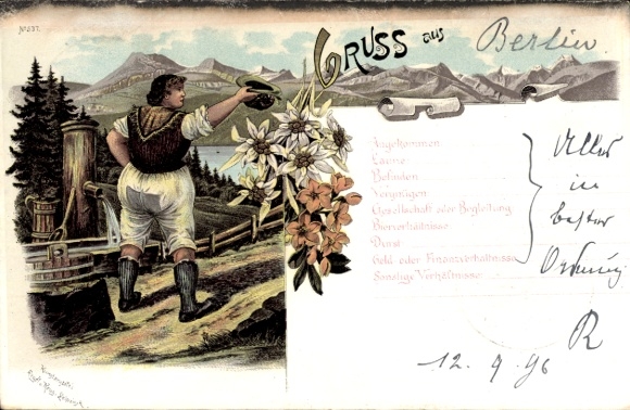 Chromo-Litho Fat woman in Austrian costume, water pump