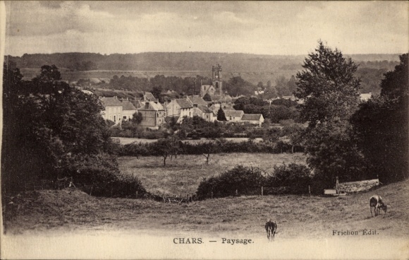 Ak Chars Val d'Oise, Landschaftsansicht, Gebäude, Kirche, Kuhgräser, sanfte Hügel
