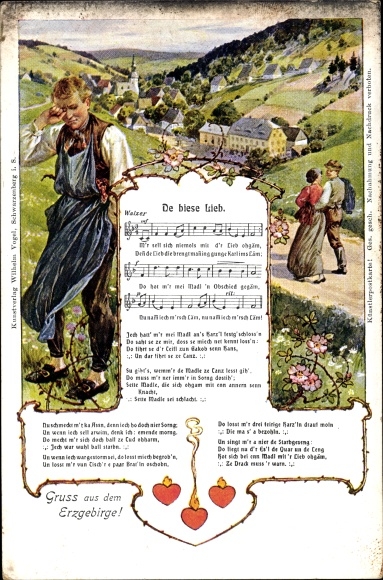 Song Postcard De biese Lieb, Wilhelm Vogel, Erzgebirge, lovers, crying man