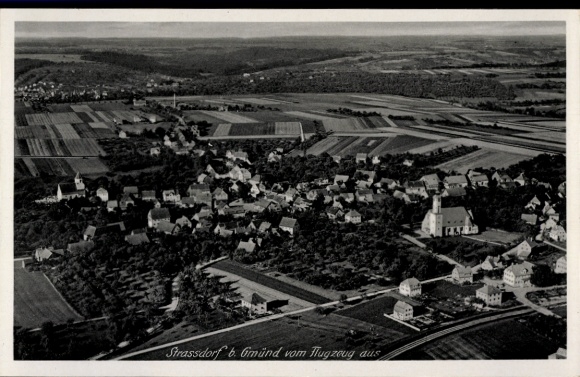 Postcard Straßdorf Schwäbisch Gmünd in Württemberg, aerial view of Strassdorf, rural area, much