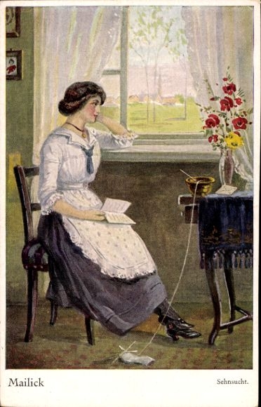 Artist Postcard Mailick, A., Longing, Woman at the Window, Knitting, Bouquet