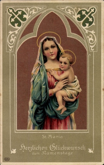 Embossed Passepartout Postcard Congratulations Name Day, Mary with Jesus