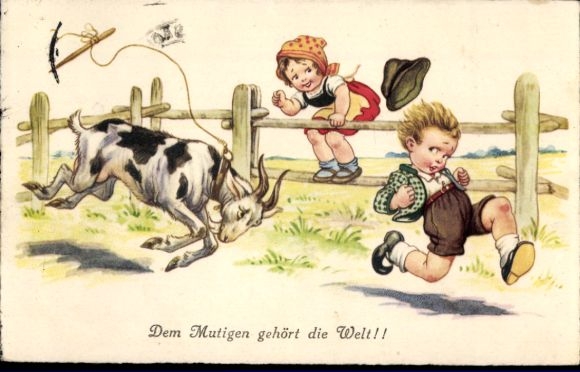 Postcard The world belongs to the brave, boy annoys billy goat