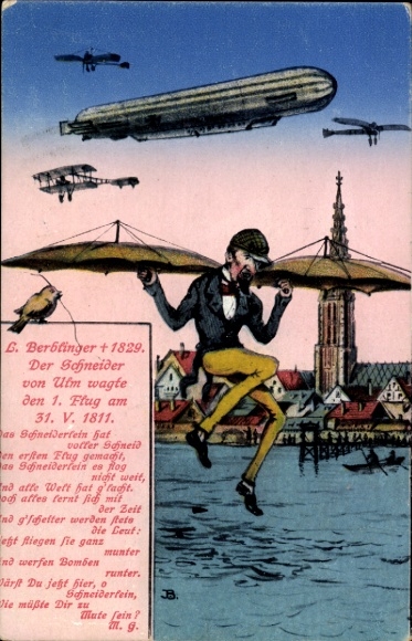 Ak Ulm an der Donau, Schneider, Erfinder Albrecht Ludwig Berblinger, Flug am 31. Mai 1811