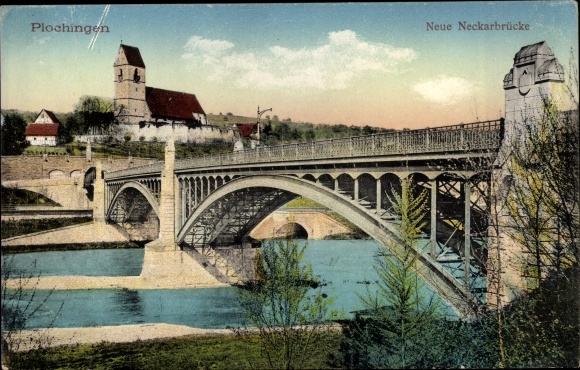 Postcard Plochingen in the Esslingen district, new Neckar bridge, church