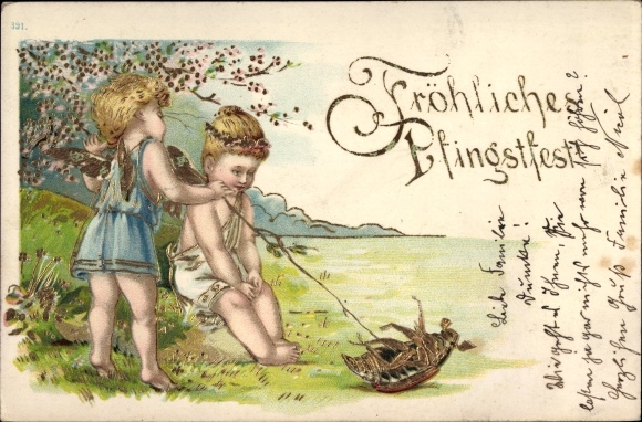 Ak Glückwunsch Pfingsten, Elfen, Maikäfer