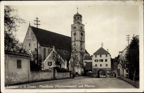 Ak Lauingen aan de Donau Schwäbische Alb, parochiekerk, Martinsmünster, parochiepoort