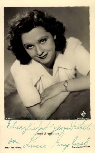 Postcard actress Lucie English, portrait, Ufa film, autograph
