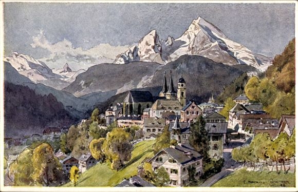 Kunstenaarsbriefkaart Compton, Edward Harrison, Berchtesgaden in Opper-Beieren, panorama