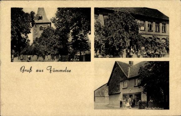 Ak Fümmelse Wolfenbüttel in Niedersachsen, Kirche, Schule, Geschäftshaus