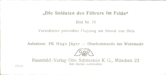 Stereo image photo "The Führer's soldiers in the field" No. 15 Destroyed Polish aircraft on Hela