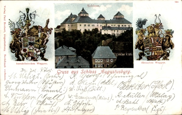 Ak Augustusburg im Erzgebirge, Schloss  kursächsisches Wappen, dänisches Wappen