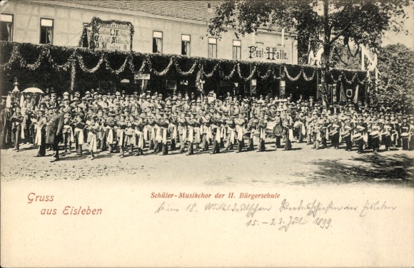 Postcard Lutherstadt Eisleben, Student Music Choir of the II. Bürgerschule, Greetings from Rest Halle