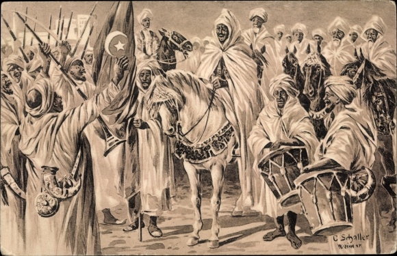 Artist Postcard Schaller, C., The proclamation of the holy war, Arabs, I WK
