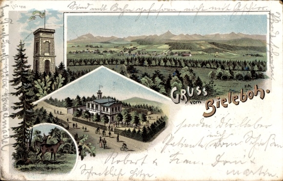 litho Beiersdorf in Oberlausitz, Bieleboh, uitkijktoren, herberg, bergen