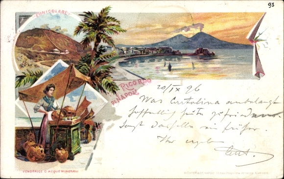 Litho Napoli Napels Campania, Vesuvio, Funicolare, Venditrice d&#39;Acque Minerali